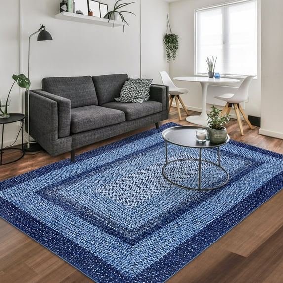 Aoile 5'x7' Washable Area Rug, Geometric Printed Rugs with Non Slip for Living Room Bedroom Dining Room, Navy