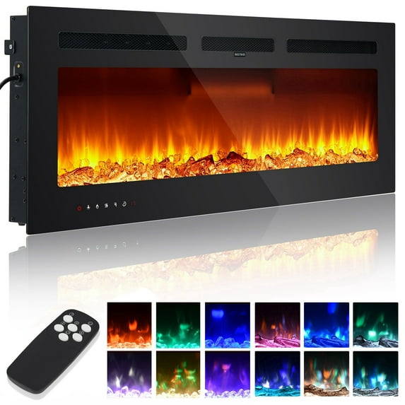 Aoile 50" Ultra-Thin Electric Fireplace, Recessed/Wall Mounted Fireplace Heater with Timer/Multicolor Flames/Touch Screen/Remote