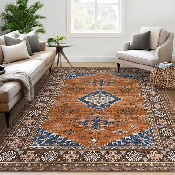 Aoile 5x7 Washable Area Rugs, Boho Vintage Carpet, Low Pile Non Slip Floor Cover for Bedroom Living Room Kitchen, Retro Orange