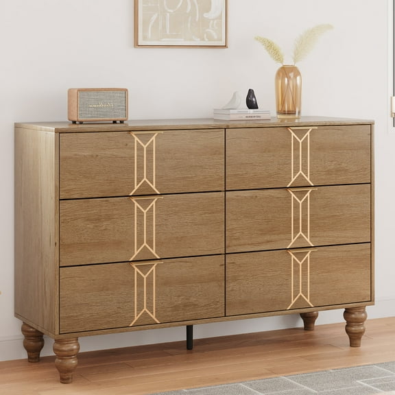 Aoile 6 Drawer Dresser for Bedroom, Modern Wooden Chest Dresser with Metal Handle, Large Storage Chest of Drawers, Wood & Gold