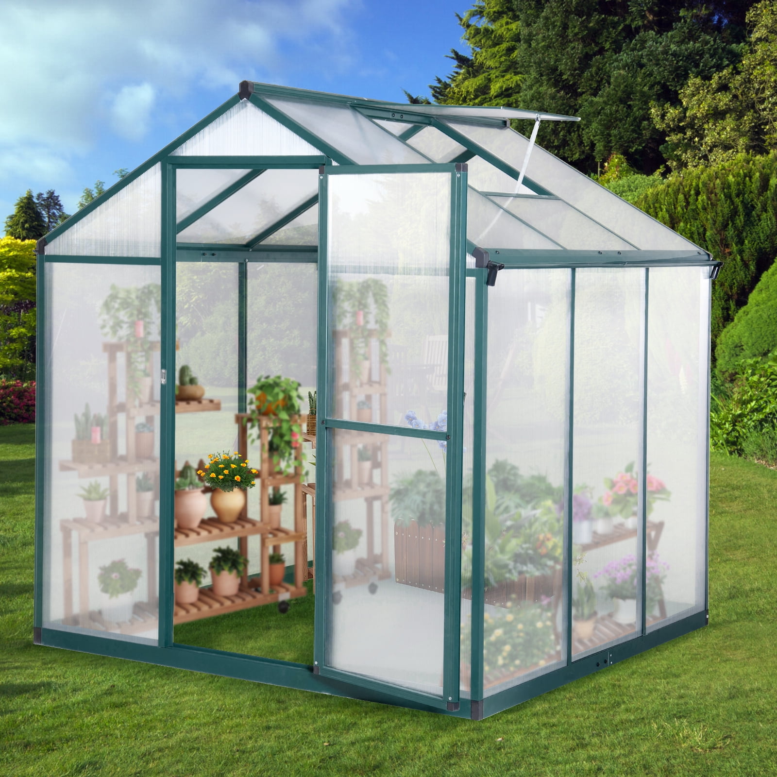 Green 6x8FT Polycarbonate Aluminum Frame Walk-In Greenhouse