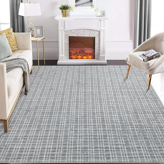 Aoile 6' x 9' Washable Area Rug, Modern Plaid Rug, Soft Faux Wool Rug Non-slip Low Pile Accent Small Rug for Bathroom Bedroom Kitchen Laundry, Dark Grey