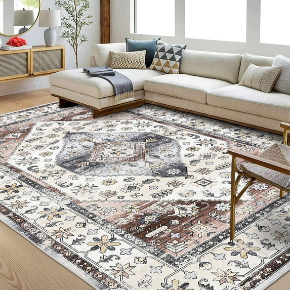 Aoile 6' x 9' Washable Area Rug | Soft Retro Distressed Rug | Bedroom Rug | Boho Vintage | Non Slip | Low Pile | Brown