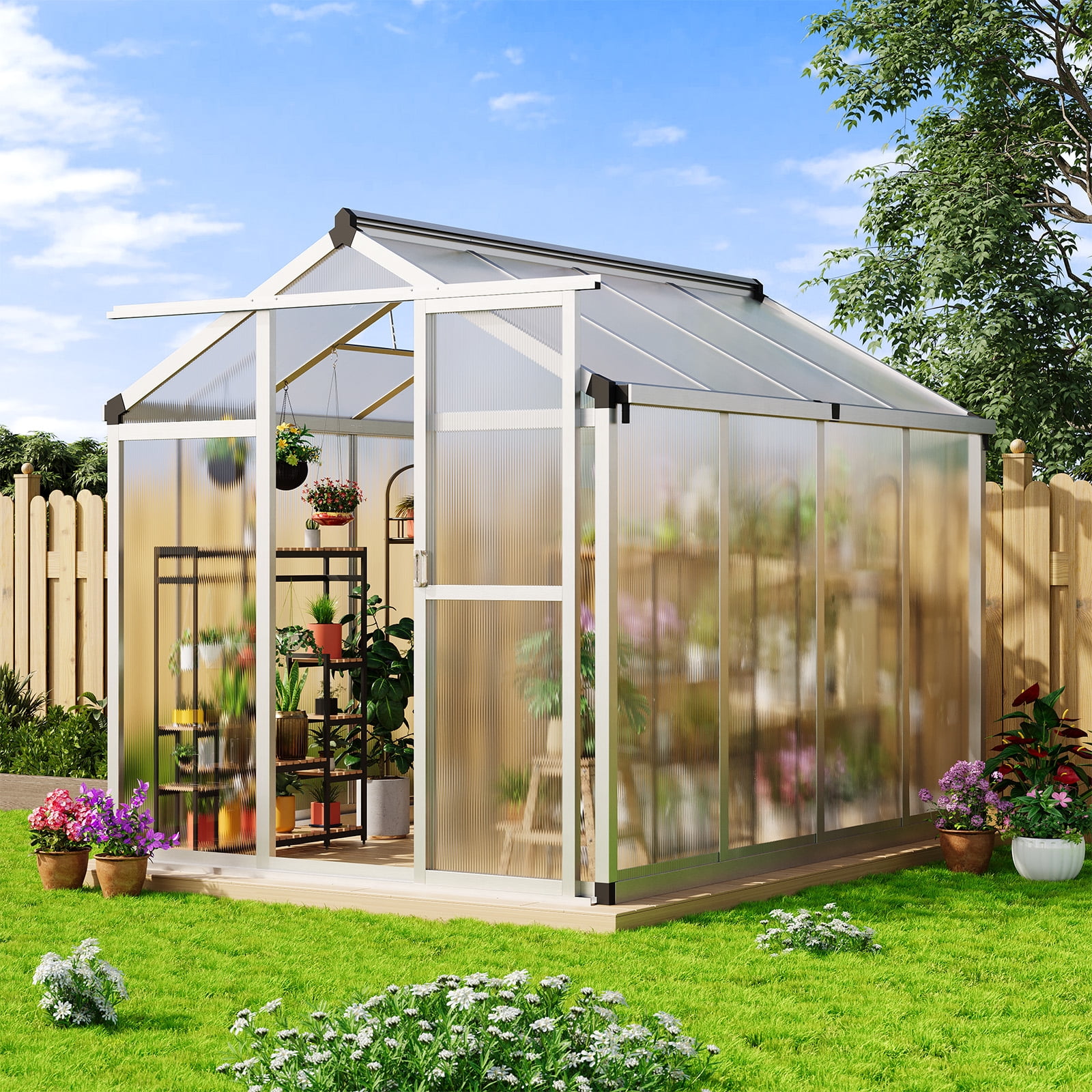Aoile 6x8 FT Polycarbonate Greenhouse, Large Walk-in Greenhouses with Roof Vent & Sliding Lockable Doors for Outside Garden Backyard, Patio, Lawn, Silver