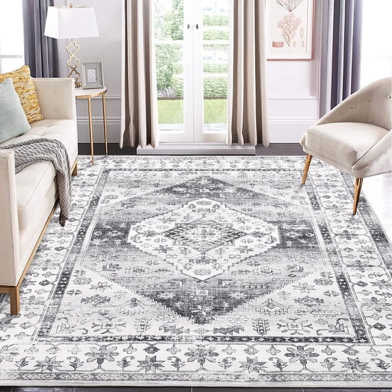 Aoile 8' x 10' Washable Area Rug | Soft Retro Distressed Rug | Bedroom Rug | Boho Vintage | Non Slip | Low Pile | Gray