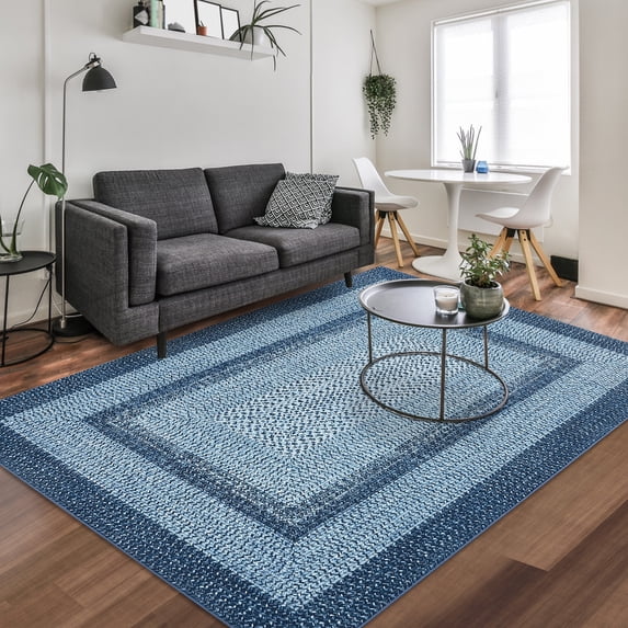 Aoile 8'x10' Washable Area Rug, Geometric Printed Rugs with Non Slip for Living Room Bedroom Dining Room, Blue