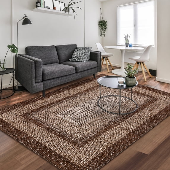 Aoile 8'x10' Washable Area Rug, Geometric Printed Rugs with Non Slip for Living Room Bedroom Dining Room, Brown