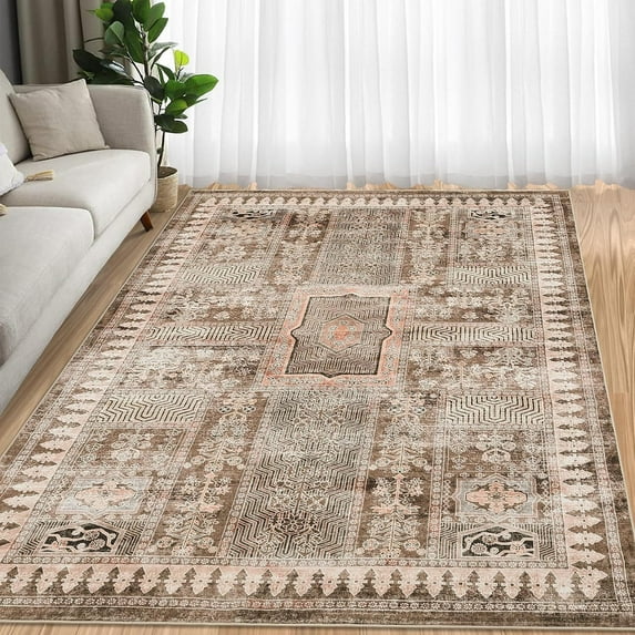 Aoile 8x10 Machine Washable Area Rug, Stain Resistant Anti Slip Backing Rugs, Retro Distressed Print Low-Pile Carpet Rugs for Living Room Bedroom Dinning Room, Khaki