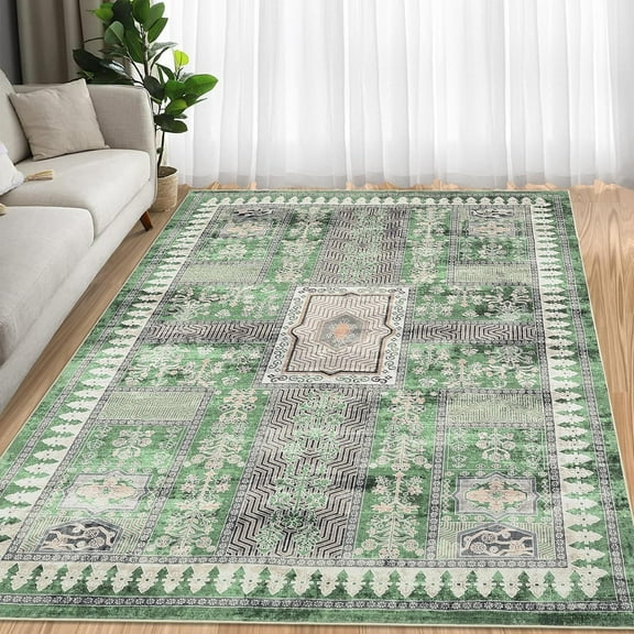Aoile 8x10 Machine Washable Area Rug, Stain Resistant Anti Slip Backing Rugs, Retro Distressed Print Low-Pile Carpet Rugs for Living Room Bedroom Dinning Room, Green