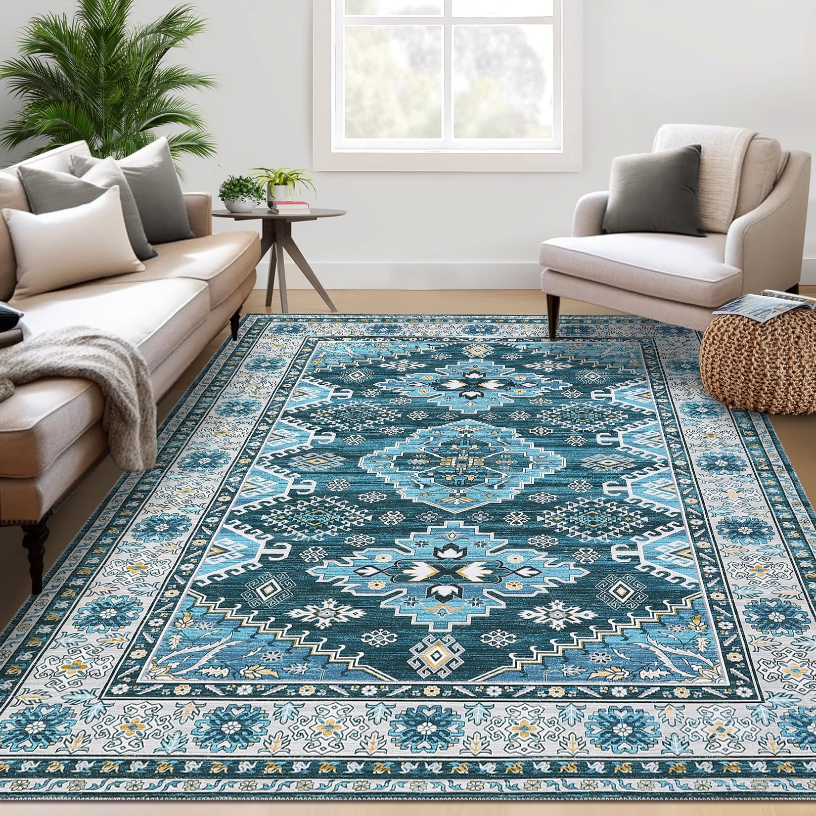 Blue Floral Chenille Washable Non-Slip 8' x 10' Area Rug