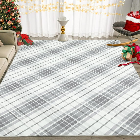 Aoile 8x10 Washable Large Area Rug, Christmas Decoration Carpet, Geometric Checkered Throw Mat Floor Carpet for Living Room, Light Grey