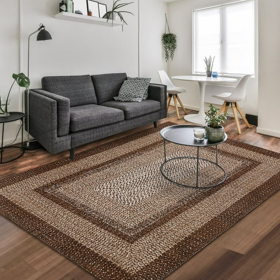 Aoile 9'x12' Washable Area Rug, Geometric Printed Rugs with Non Slip for Living Room Bedroom Dining Room, Brown