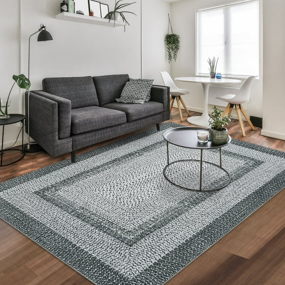 Aoile 9'x12' Washable Area Rug, Geometric Printed Rugs with Non Slip for Living Room Bedroom Dining Room, Grey