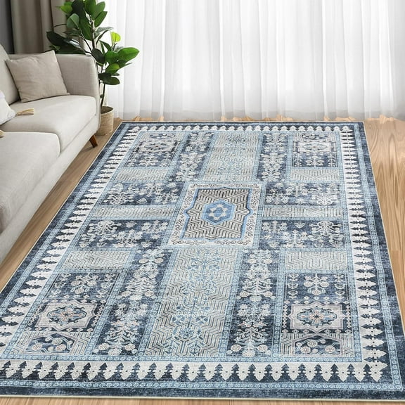 Aoile 9x12 Machine Washable Area Rug, Stain Resistant Anti Slip Backing Rugs, Retro Distressed Print Low-Pile Carpet Rugs for Living Room Bedroom Dinning Room, Blue