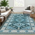 thumbnail image 1 of Aoile 9x12 Washable Area Rugs, Boho Vintage Carpet, Low Pile Non Slip Floor Cover for Bedroom Living Room Kitchen, Blue, 1 of 9