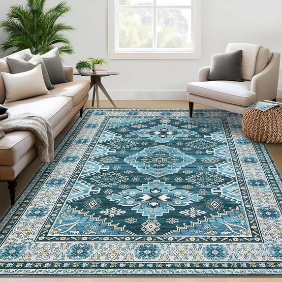 Aoile 9x12 Washable Area Rugs, Boho Vintage Carpet, Low Pile Non Slip Floor Cover for Bedroom Living Room Kitchen, Blue