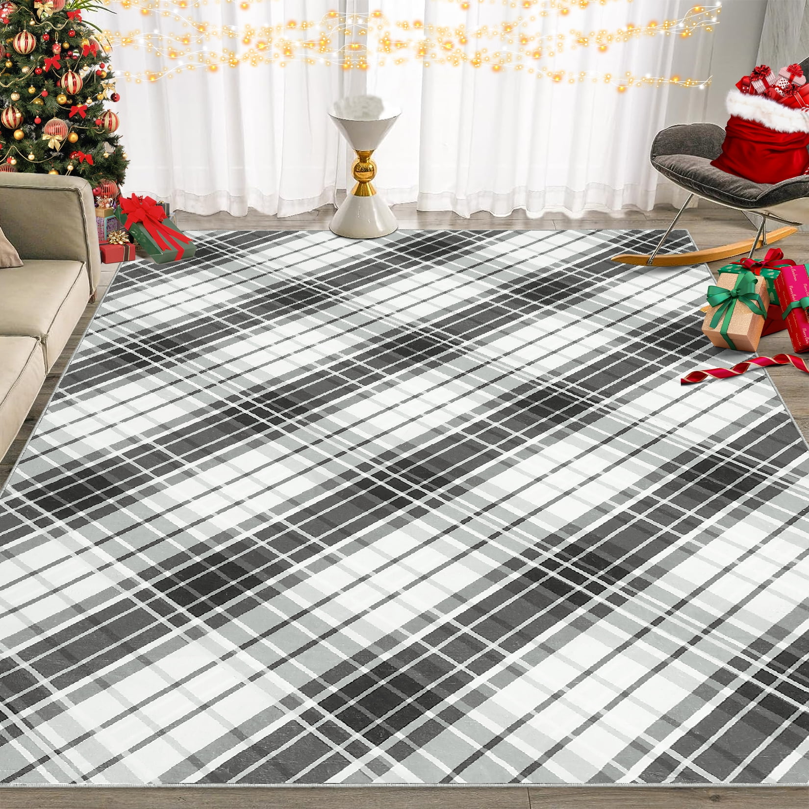 Aoile 9x12 Washable Large Area Rug, Christmas Decoration Carpet, Geometric Checkered Throw Mat Floor Carpet for Living Room, Black/Grey