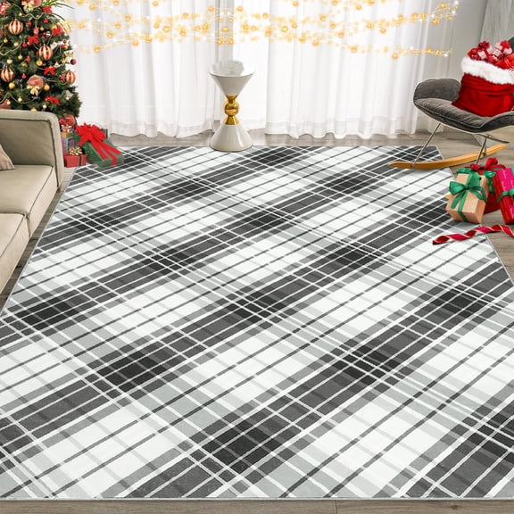 Aoile 9x12 Washable Large Area Rug, Christmas Decoration Carpet, Geometric Checkered Throw Mat Floor Carpet for Living Room, Black/Grey