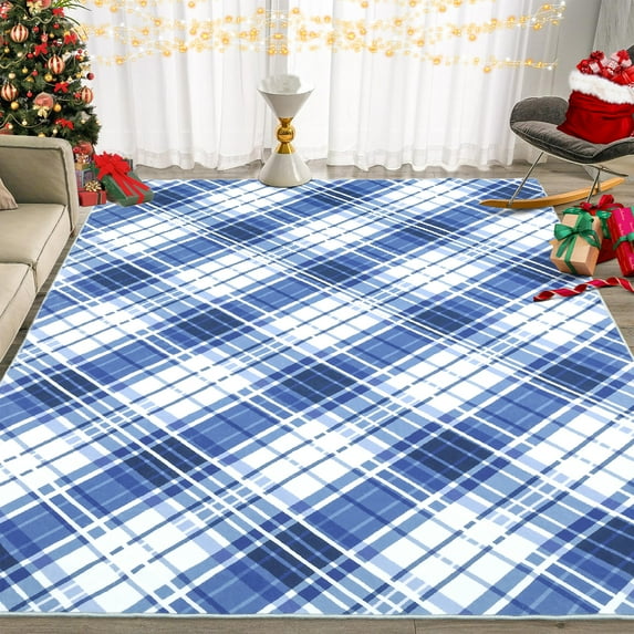 Aoile 9x12 Washable Large Area Rug, Christmas Decoration Carpet, Geometric Checkered Throw Mat Floor Carpet for Living Room, Blue