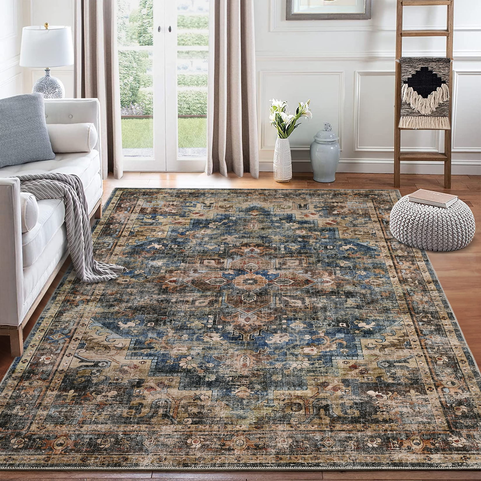 Vintage Blue and Brown Distressed Floral 9' x 12' Chenille Area Rug