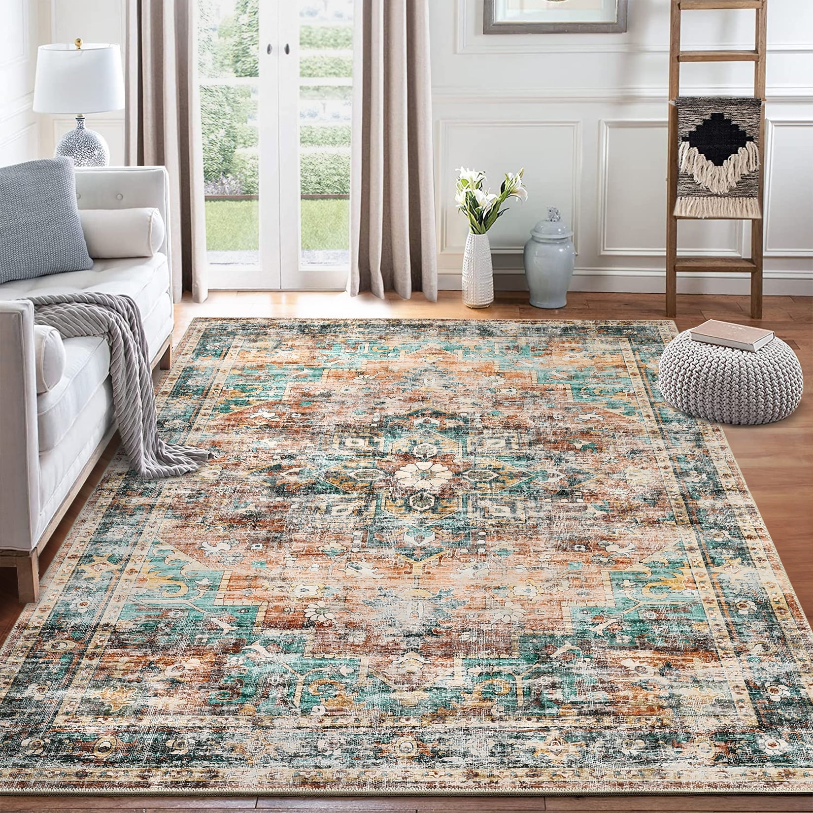 Teal and Multicolor 9' x 12' Chenille Vintage Medallion Area Rug