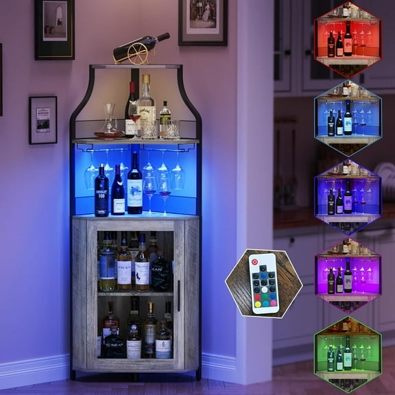 Aoile Corner Bar Cabinet with LED Light, 5-Tiers Liquor Cabinet Bar with Adjustable Shelf & Glass Holder for Home, Gray