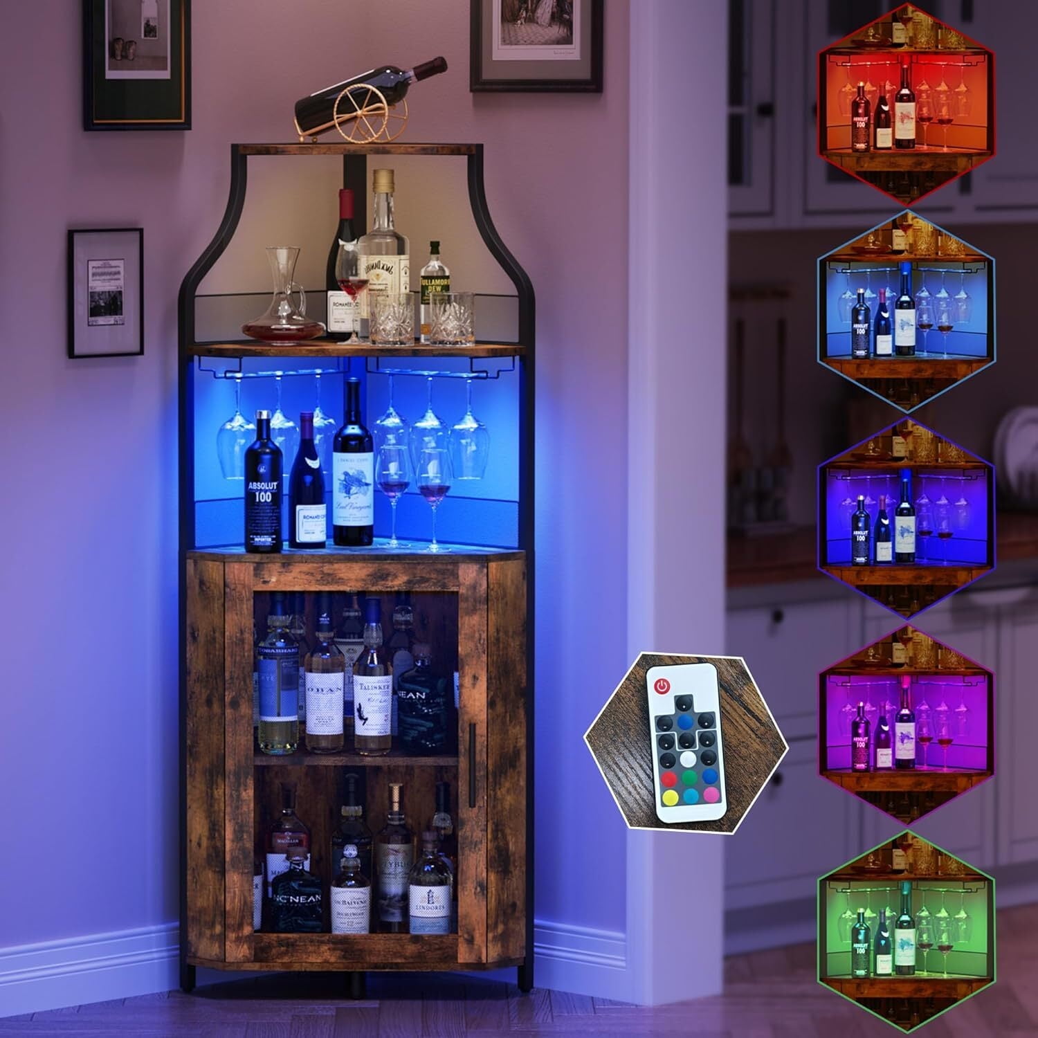 Aoile Corner Bar Cabinet with LED Light, 5-Tiers Liquor Cabinet Bar with Adjustable Shelf & Glass Holder for Home, Rustic Brown