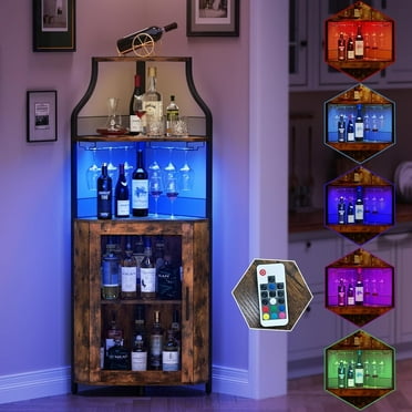 Aoile Corner Bar Cabinet with LED Light, 5-Tiers Liquor Cabinet Bar with Adjustable Shelf & Glass Holder for Home, Rustic Brown