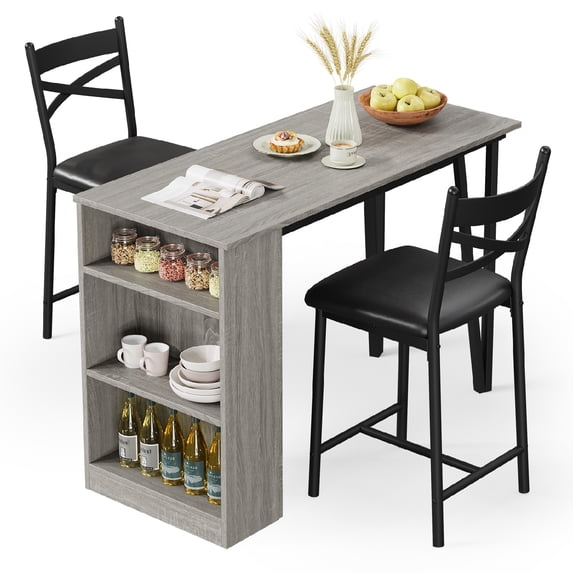 Aoile Dining Table Set with 3 Storage Shelves, Counter Height Kitchen Table Set for 2, Expandable Bar Table with 2 Cushioned Chairs for Small Spaces, Apartment, Gray
