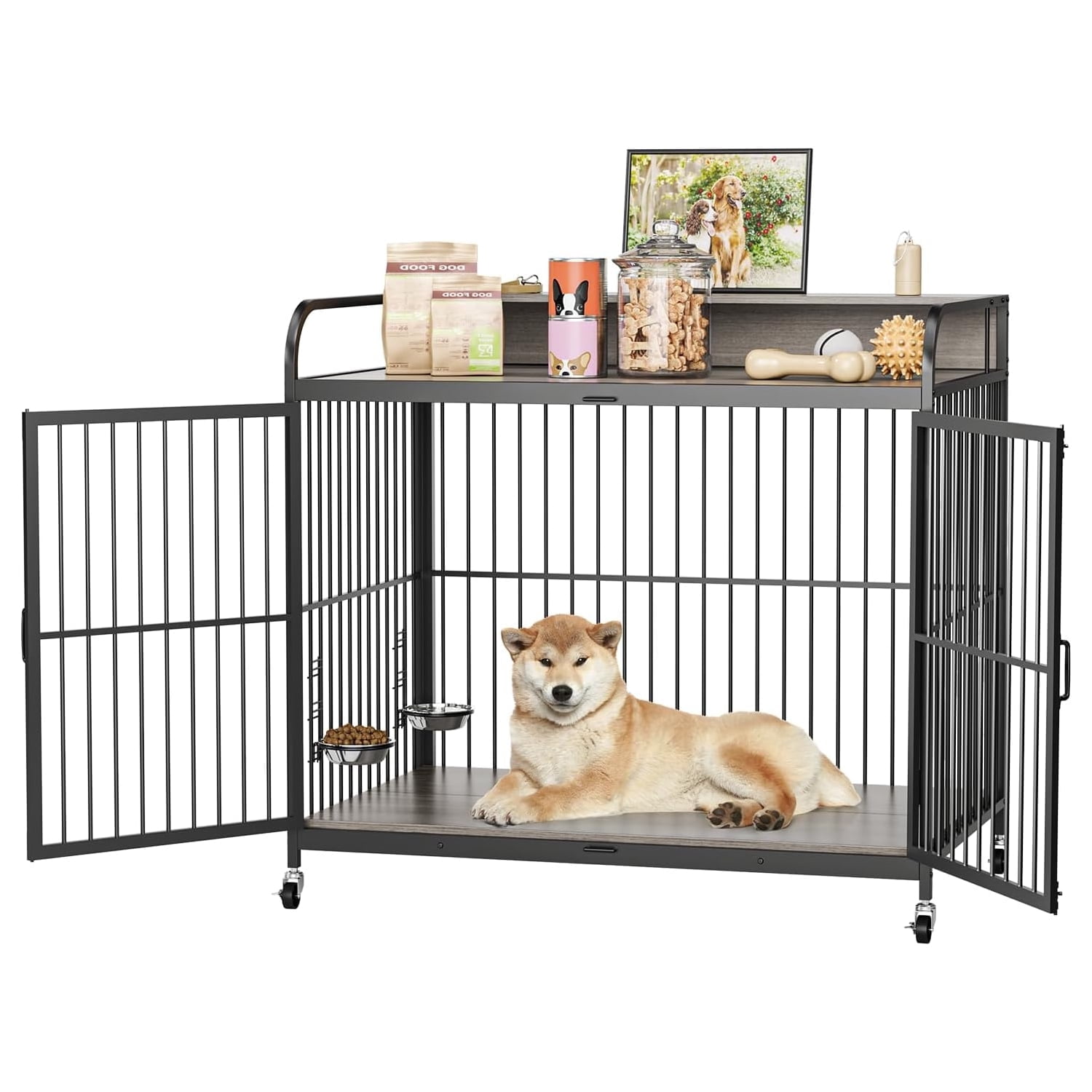 Aoile Dog Crates for Medium Dogs, Heavy Duty Dog Crate with Adjustable Height Feeder, Dog Cage Furniture with 360° Wheels, Gray