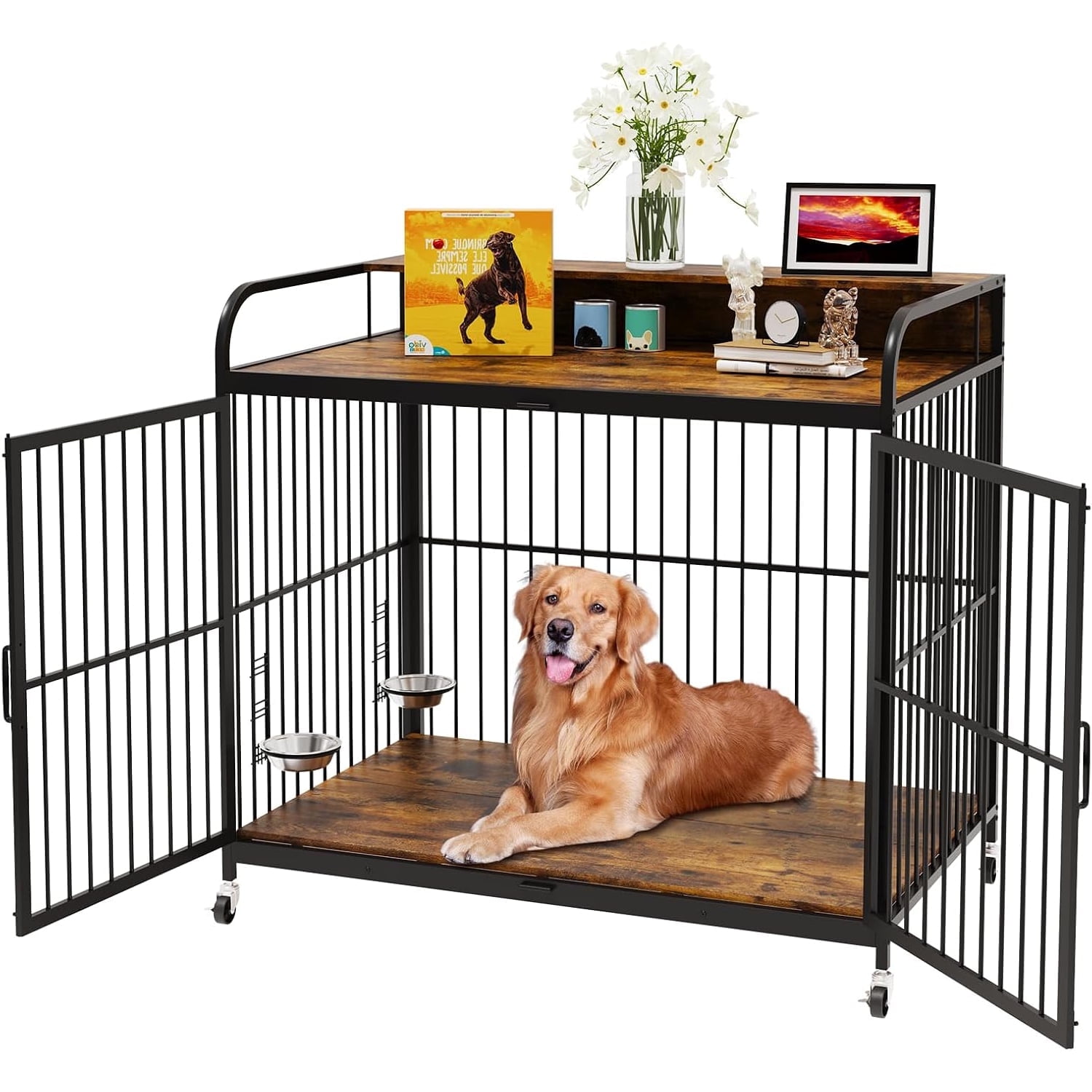 Aoile Dog Crates for Medium Dogs, Heavy Duty Dog Crate with Adjustable Height Feeder, Dog Cage Furniture with 360Â° Wheels, Rustic Brown