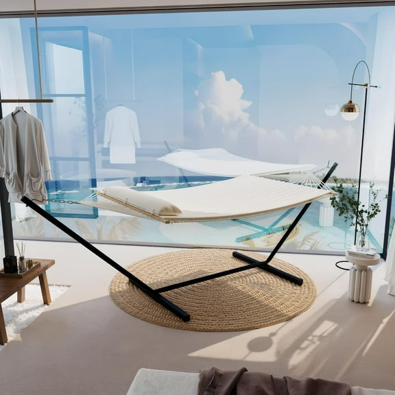 Aoile Double Hammock with Foldable Steel Stand, 2-Person Outdoor Hammock with Pillow, 450LB Capacity, for Garden & Camping