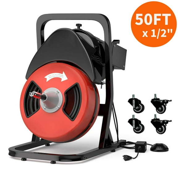 Aoile Electric Drain Snake with Wheels, 50 ft x 1/2 in Sewer Machine W/Cutters & Pneumatic Foot Switch for 2" to 4" Pipes, Red