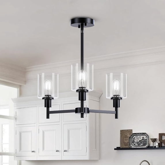 Aoile Farmhouse 3-Light Chandelier with Glass Shade, Ceiling Light Fixture Chandeliers W/Height Adjustable for Dining Room Kitchen Island Living Foyer Hallway, Black