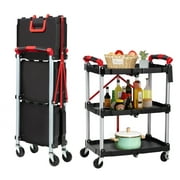 Aoile Foldable Utility Cart with Lockable Wheels, 3-Tier Portable Rolling Service Cart, up to 160lbs Load Capacity