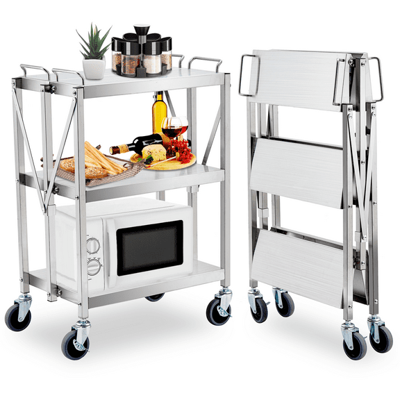 Aoile Folding Utility Cart with Lockable Wheels, 3-Tier Portable Rolling Service Cart in Stainless Steel