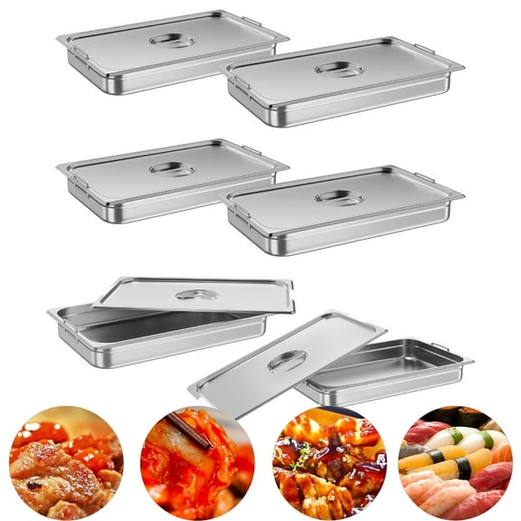Aoile Full Size Hotel Pan, 2.5" Deep Commercial Stainless Steel Steam Table Pan with Handle & Cover, NSF Certified (6 Pack)