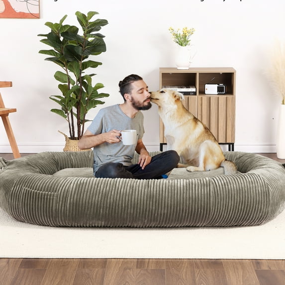 Aoile Human Dog Bed, 71"x 48"x 14" Human Size Giant Dog Bed with Storage Pocket, Removable Cover, Washable,Coffee