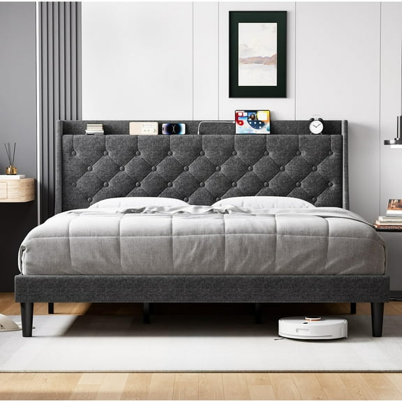 Aoile King Upholstered Bed Frame with Storage Shelf & Charging Station, Tufted Headboard, Wood Slats Support, No-Noise, Dark Gray