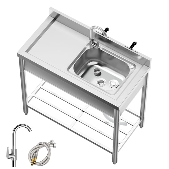 Aoile Kitchen Sinks with Faucets, 39.3" Free Standing Single Bowl Sink W/Storage Rack for Restaurants, Garages, Laundry, Silver