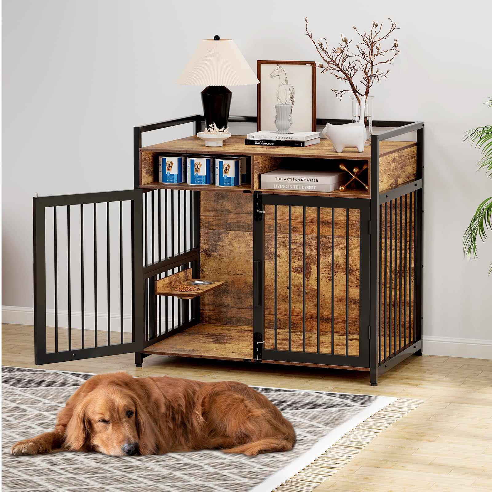 Aoile Large Dog Crate Furniture with 2 Storage Shelves, 41/48" Wooden Indoor Pet Cage, Stylish and Durable for Medium Dogs, Easy Assembly