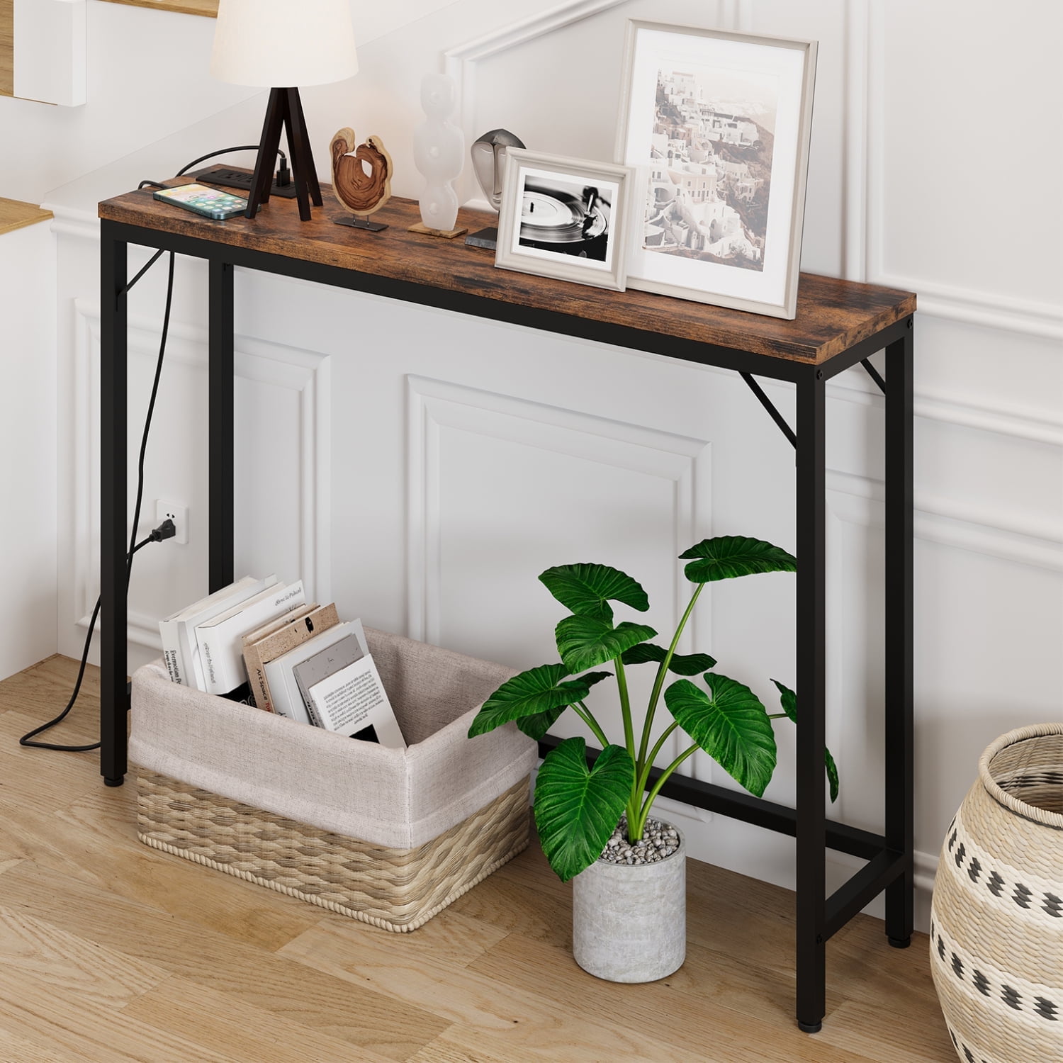 Aoile Narrow Console Table, Sofa Table with Outlets, Behind Couch Table for Living Room, Hallway Table for Entryway (Rustic Brown)