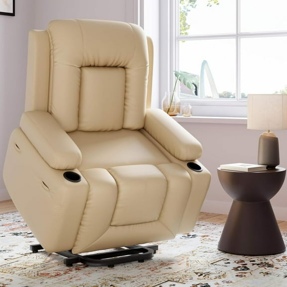 Aoile Power Lift Chairs for Elderly, Electric Recliner with Heat & Massage, Reclining Sofa W/Pockets, Cup Holders, 21.3" Seat Width, Beige