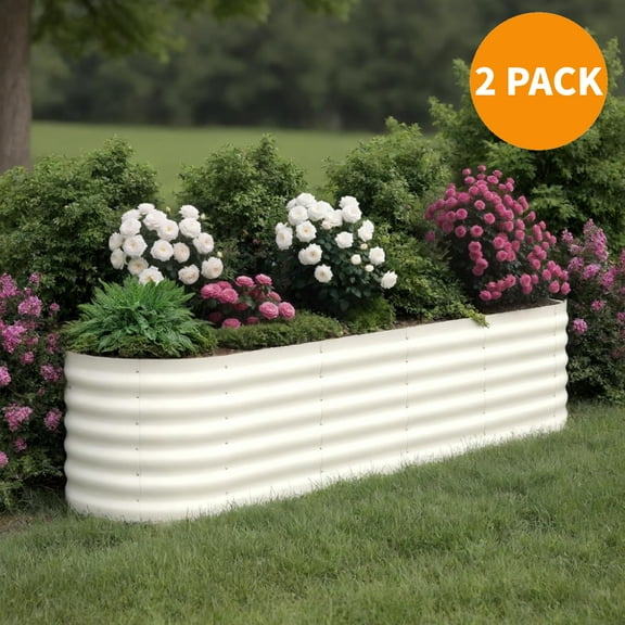 Aoile Raised Garden Bed Outdoor, 2x8x1.5 Ft Large Metal Planter Box for Vegetables, Fruits, Flower, Beige (Set of 2)