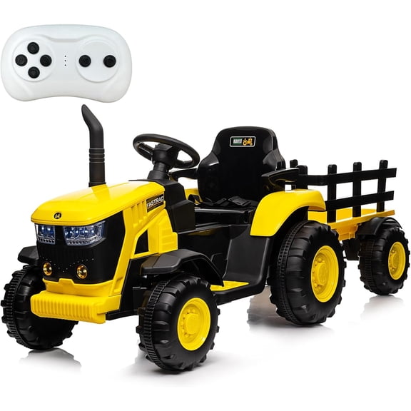Aoile Ride On Tractor with Remote Control, 12V 7Ah Kids Electric Car with Detachable Trailer, 35W Dual Motors, 7-LED Lights for Kids 3-6, Yellow