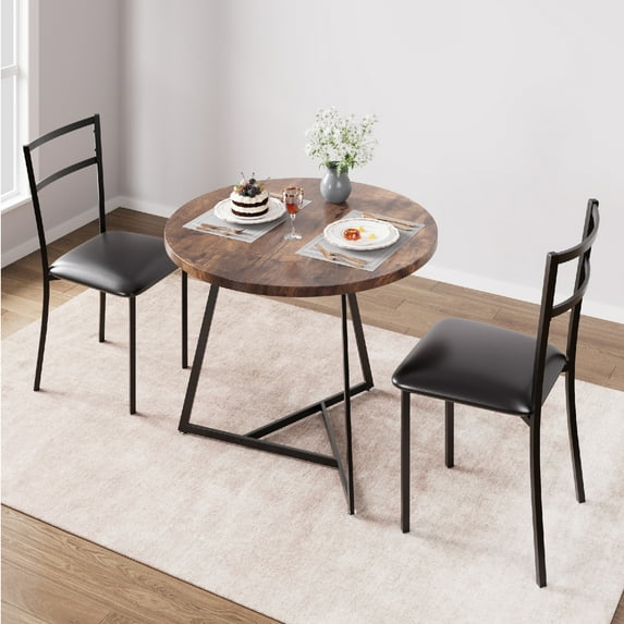 Aoile Round Dining Table Set for 2, Small Dining Room Table Set with 2 Upholstered Chairs for Small Place, Apartment, Rustic Brown