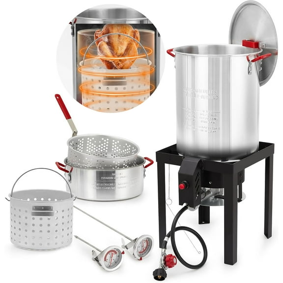 Aoile Turkey Fryer Set, 30 Qt Turkey & 10 Qt Fish Fryer Boiler Steamer, 50,000 BTU Output Burner, Thermometer, Turkey Rack & Lifting Hook for Camping, Outdoor Parties