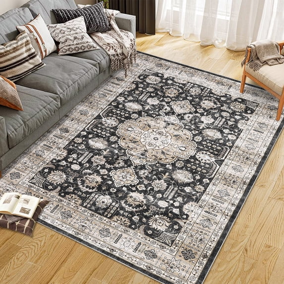 Aoile Vintage Area Rug 5x7, Washable Rug Low Pile Non-slip Floral Distressed Mat for Living Room Bedroom Dining Room Home Decor, Black