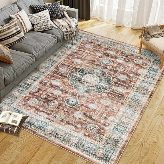 Aoile Vintage Area Rug 6x9, Washable Rug Low Pile Non-slip Floral Distressed Mat for Living Room Bedroom Dining Room Home Decor, Rust