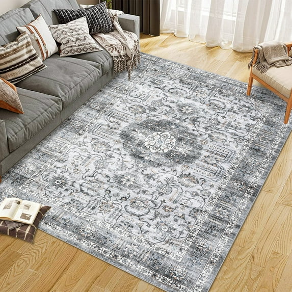 Aoile Vintage Area Rug 8x10, Washable Rug Low Pile Non-slip Floral Distressed Mat for Living Room Bedroom Dining Room Home Decor, Gray